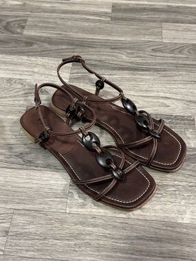 Prada strappy brown leather sandals with black beaded accents women’s sz 38 1/2